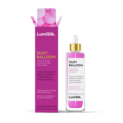 Aceite post-afeitado Silky Balloon de LumiSilk con niacinamida, fruta de la pasión y ácido hialurónico. Hidratación profunda y rápida absorción.
