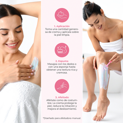 Pasos para usar Velvet Cloud: aplicar la crema, masajear hasta formar espuma y afeitarse. Proceso ideal para proteger la piel y evitar la irritación.