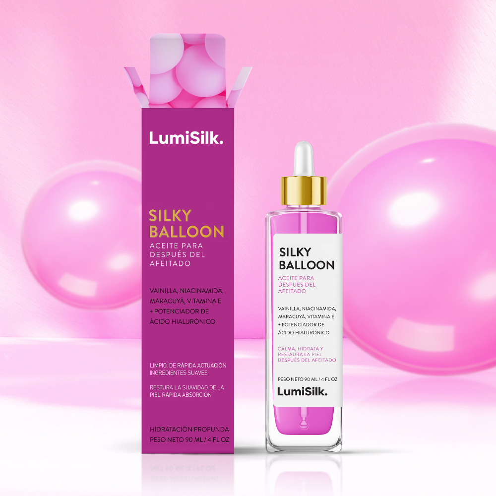 Aceite post-afeitado Silky Balloon con fondo rosa y globos. Suaviza, hidrata y restaura la piel después del afeitado.
