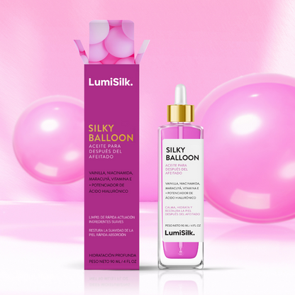 Aceite post-afeitado Silky Balloon con fondo rosa y globos. Suaviza, hidrata y restaura la piel después del afeitado.