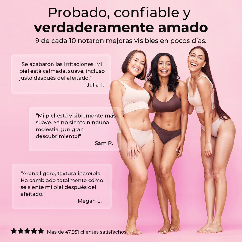 Mujeres felices con piel suave tras usar aceite post afeitado Silky Balloon – Resultados visibles y testimonios reales.
