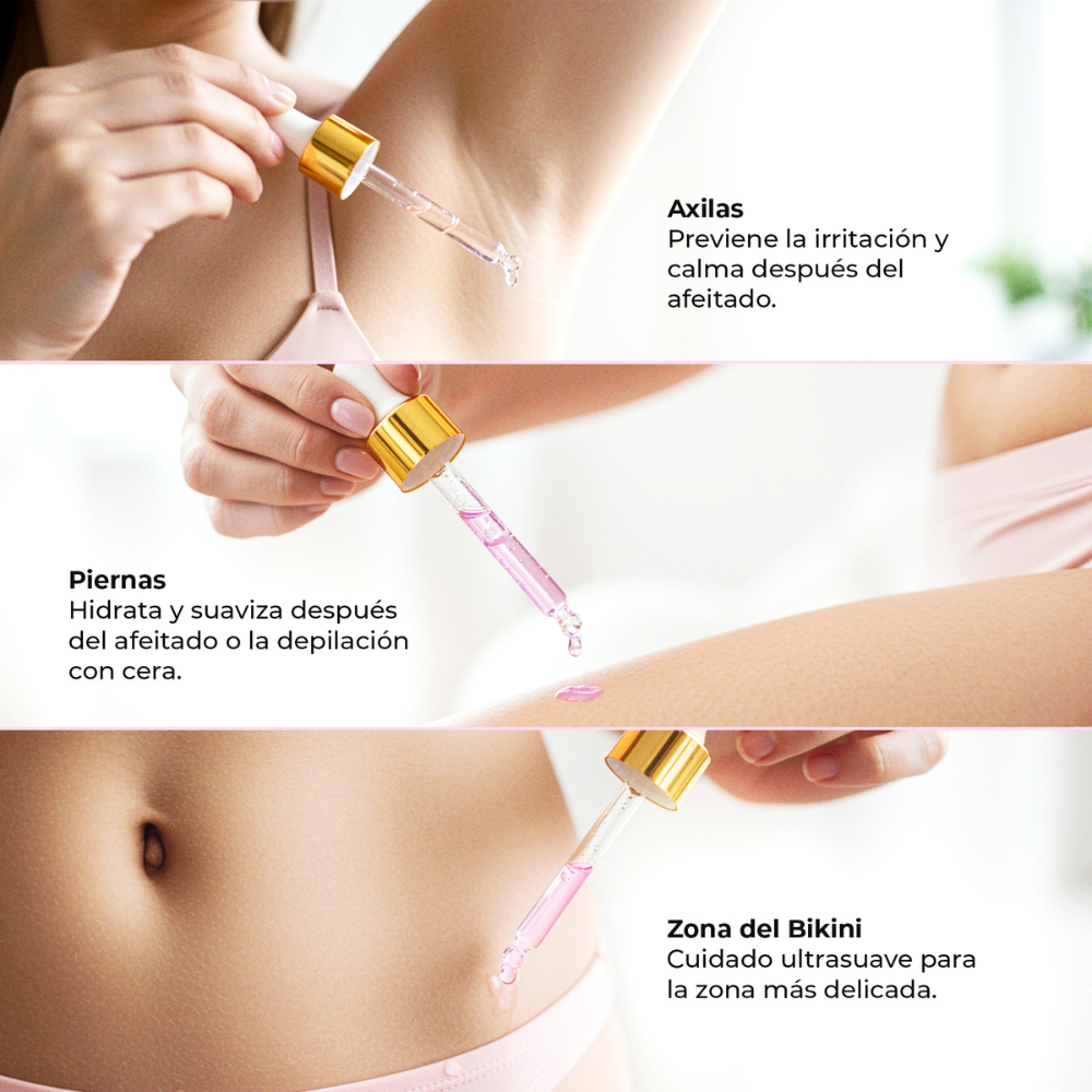 Aplicación del aceite post afeitado Silky Balloon en axilas, piernas y zona del bikini – Hidratación y alivio inmediato.